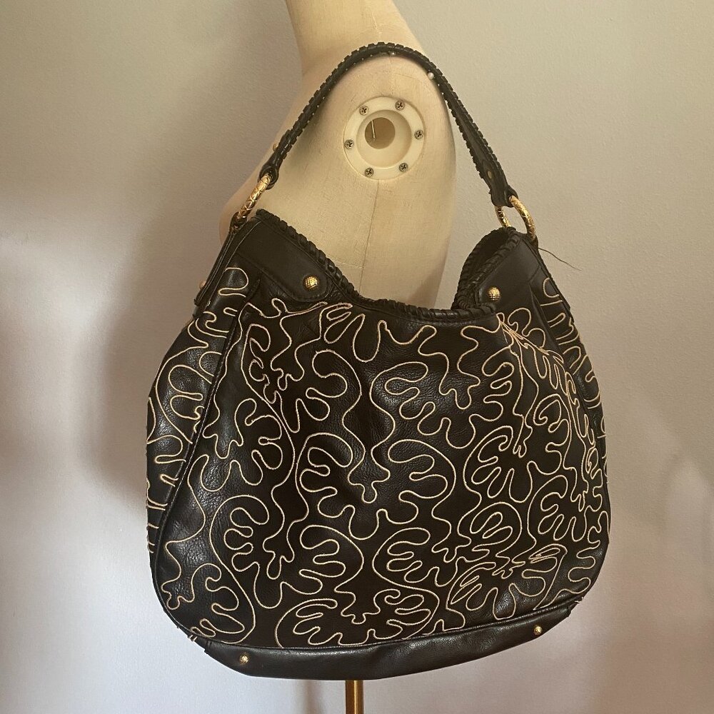 Antonio Melani Black Leather Stippled Pattern Shoulder Bag REPAIRED